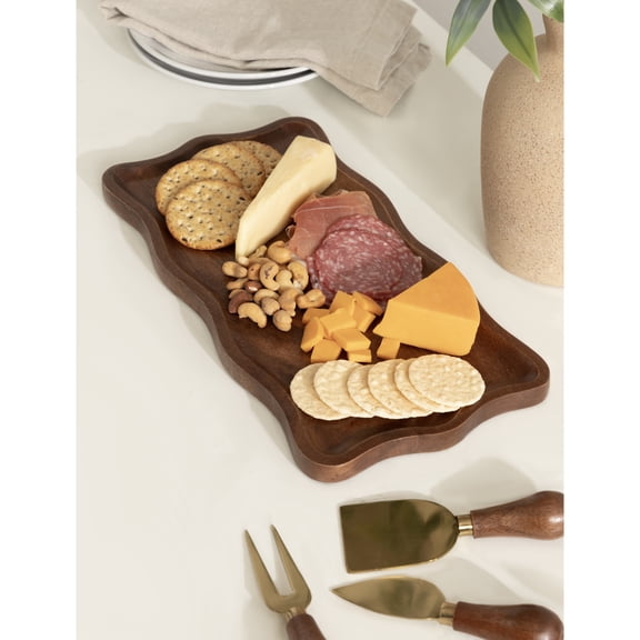 Kate and Laurel Waylock Modern Mango Wood Cheese Board with Utensils, 4 Piece Set, Walnut Brown and Gold, Wavy Charcuterie Board Set with Three Included Cheese Knives for Kitchen Counter Display