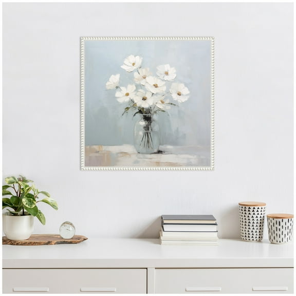 Kate and Laurel White Daisies in a Jar on French Cottage Blue Framed Canvas Wall Art by The Creative Bunch Studio 22 x 22 Sylvie Beaded White, Transitional, Still Life, Flowers Art for Wall Decor,