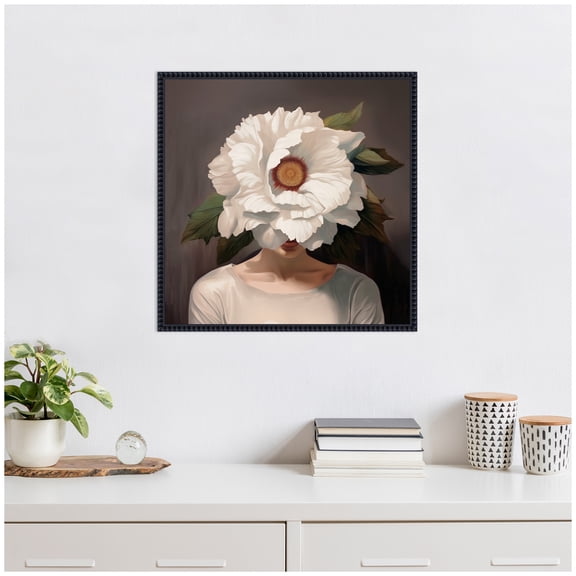 Kate and Laurel White Flower Woman Portrait Framed Canvas Wall Art by The Creative Bunch Studio 22 x 22 Sylvie Beaded Black, Modern, People, Flowers, Nature Art for Wall Decor, Living Room, Bedroom