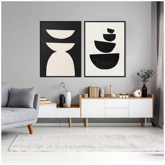 Kate and Laurel White Geometric Abstract and Black Geometric Abstract Set of 2 28x38 Framed Canvas Wall Art Set  by July Art Prints, Sylvie Black, Modern, Abstract Art for Wall Decor, Living Room