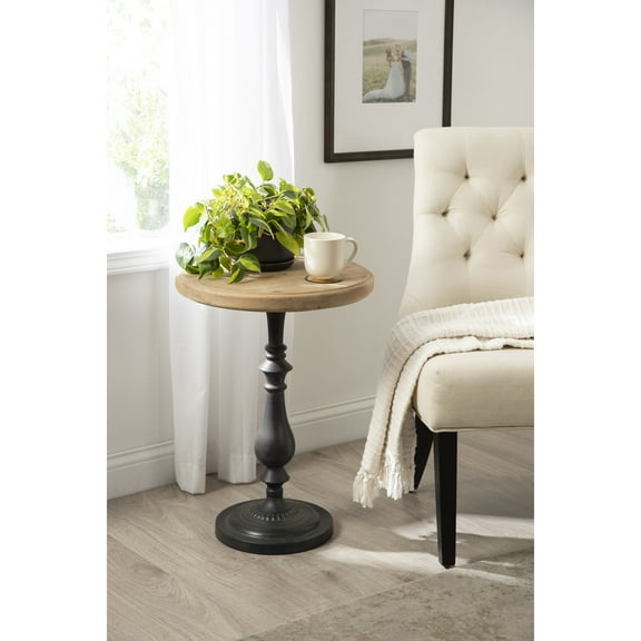 Kate and Laurel Wixley Round Wood and Metal Side Table, 18 x 25, Hazelnut Brown and Black, Farmhouse Circle Pedestal End Table with Turned Base and Mixed Materials Design