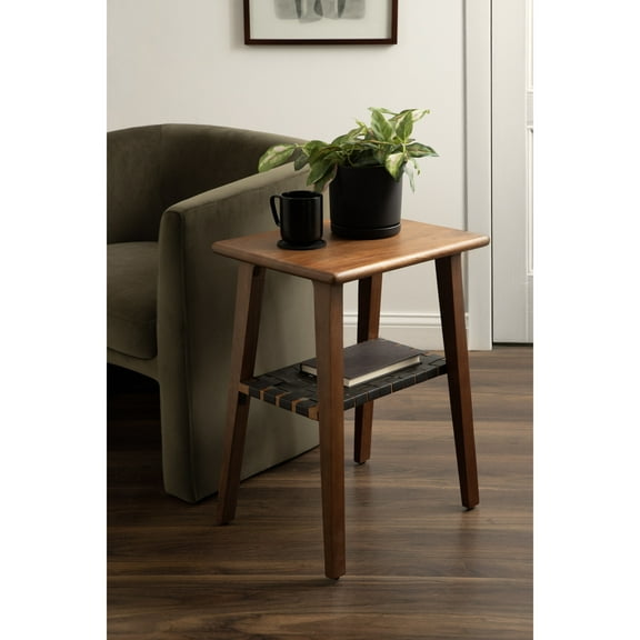 Kate and Laurel Woebeck Modern Rectangle Wood Side Table, 18 x 14 x 25, Walnut Brown and Black, Transitional Two-Tier End Table with Vegan Leather Shelf for Bedroom Nightstand or Living Room Accent