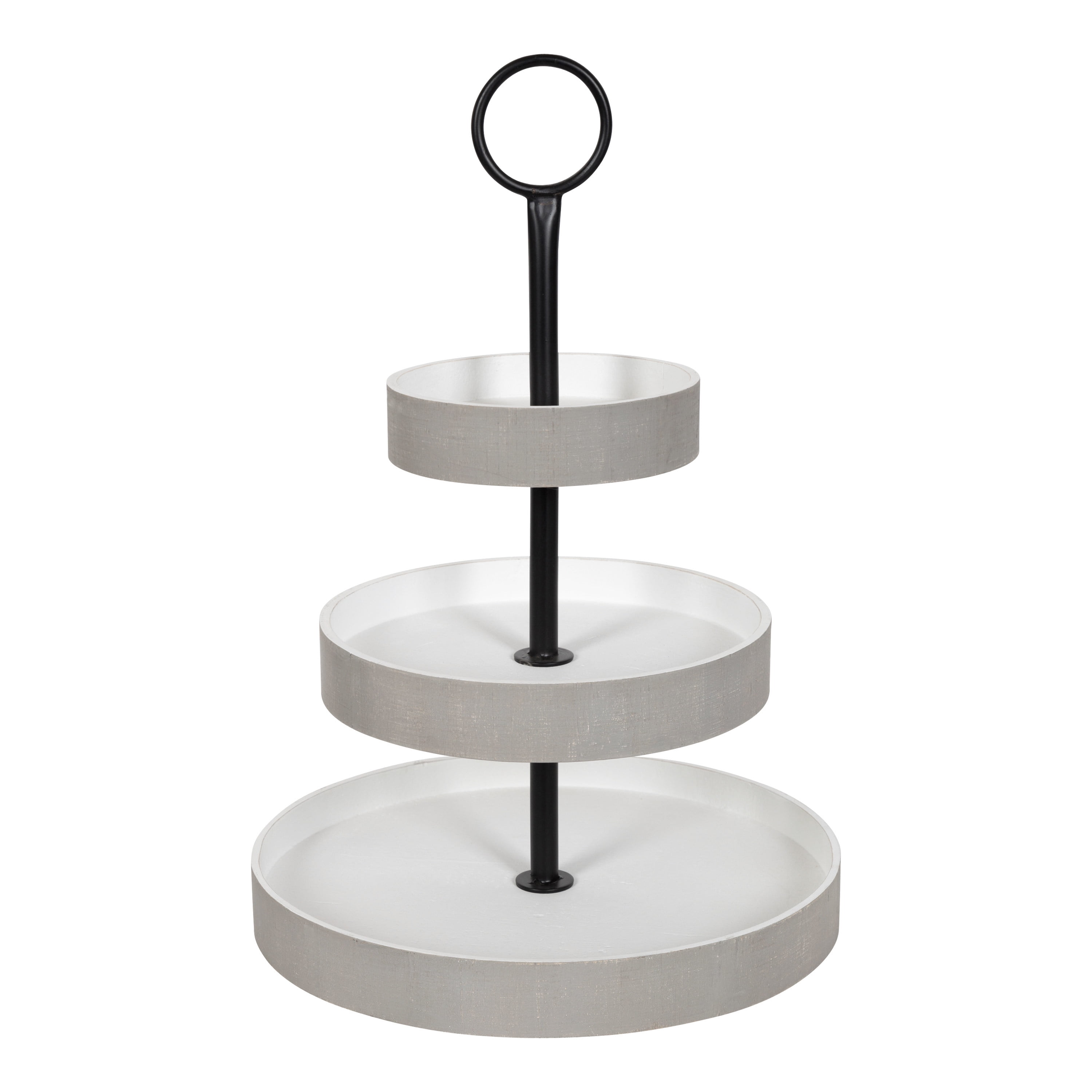 Distressed White and Rustic Brown 3-Tiered Round Wood and Metal Tray