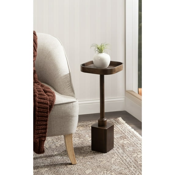 Kate and Laurel Woodrow Modern Mango Wood Square Drink Table, 10 x 10 x 24, Dark Brown, Transitional Rounded Square Mini Table for Use as Indoor Plant Stand or Wooden Living Room Accent