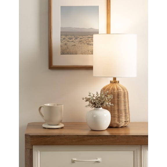 Kate and Laurel Wylla Modern Rattan Bedside Table Lamp, 8 x 8 x 18, Natural Rattan, Decorative Woven Tabletop Desk Lamp with Linen Shade for Living Room Decor