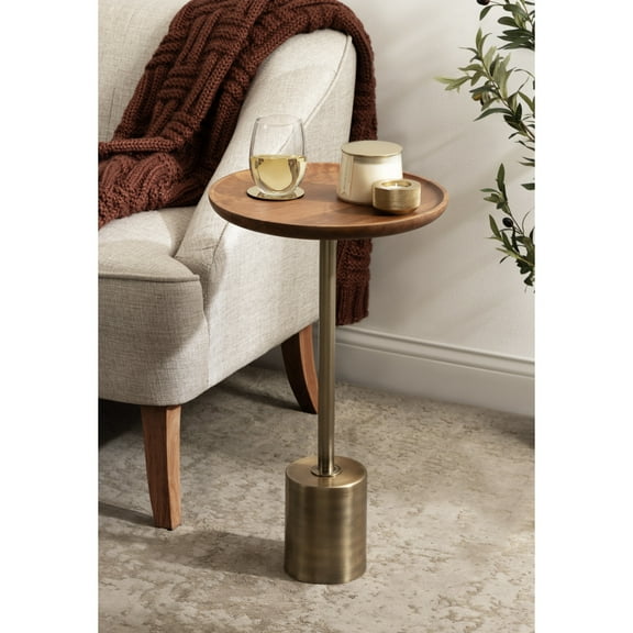 Kate and Laurel Xyler Wood and Metal Round Side Table, 14 x 14 x 24, Walnut Brown and Antique Brass, Transitional Pedestal Table for Use as Indoor Plant Stand or Bedroom Nightstand Decor
