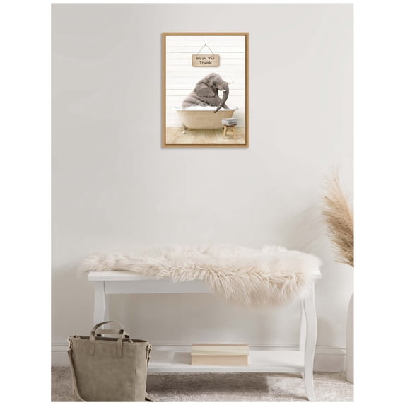 Kate and Laurel Young Elephant in Modern Bathtub Wash Your Trunk Framed Canvas Wall Art by Amy Peterson 18 x 24 Sylvie Natural, Whimsical, Humor, Animals, Bathroom Art for Wall Decor, Living Room,