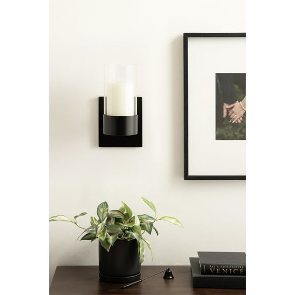 Kate and Laurel Zabler Modern Metal Wall Sconce, 5 x 6 x 10, Black, Round Candle Holder with Removable Glass Cylinder for Flameless Candle Display in Bedroom or Bathroom