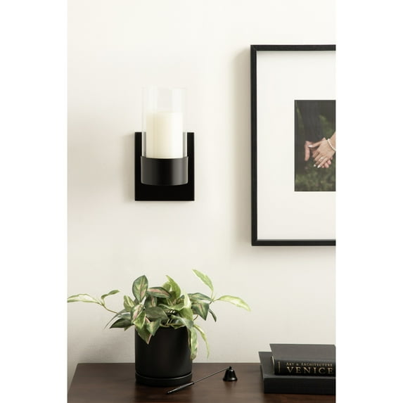 Kate and Laurel Zabler Modern Metal Wall Sconce, 5 x 6 x 10, Black, Round Candle Holder with Removable Glass Cylinder for Flameless Candle Display in Bedroom or Bathroom