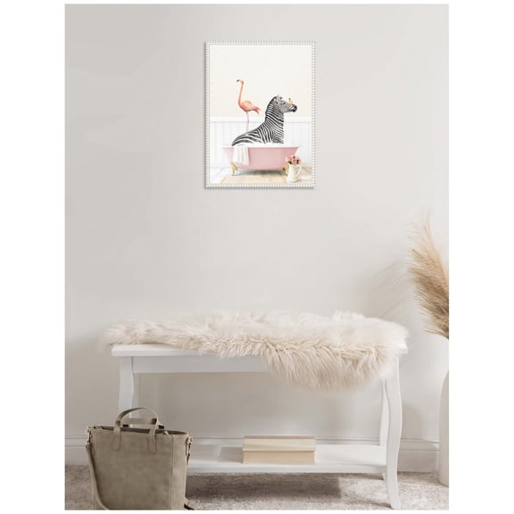 Kate and Laurel Zebra and Flamingo in Cottage Rose Bathtub Framed Canvas Wall Art by Amy Peterson 18 x 24 Sylvie Beaded White, Whimsical, Animals, Bathroom Art for Wall Decor, Living Room, Bedroom