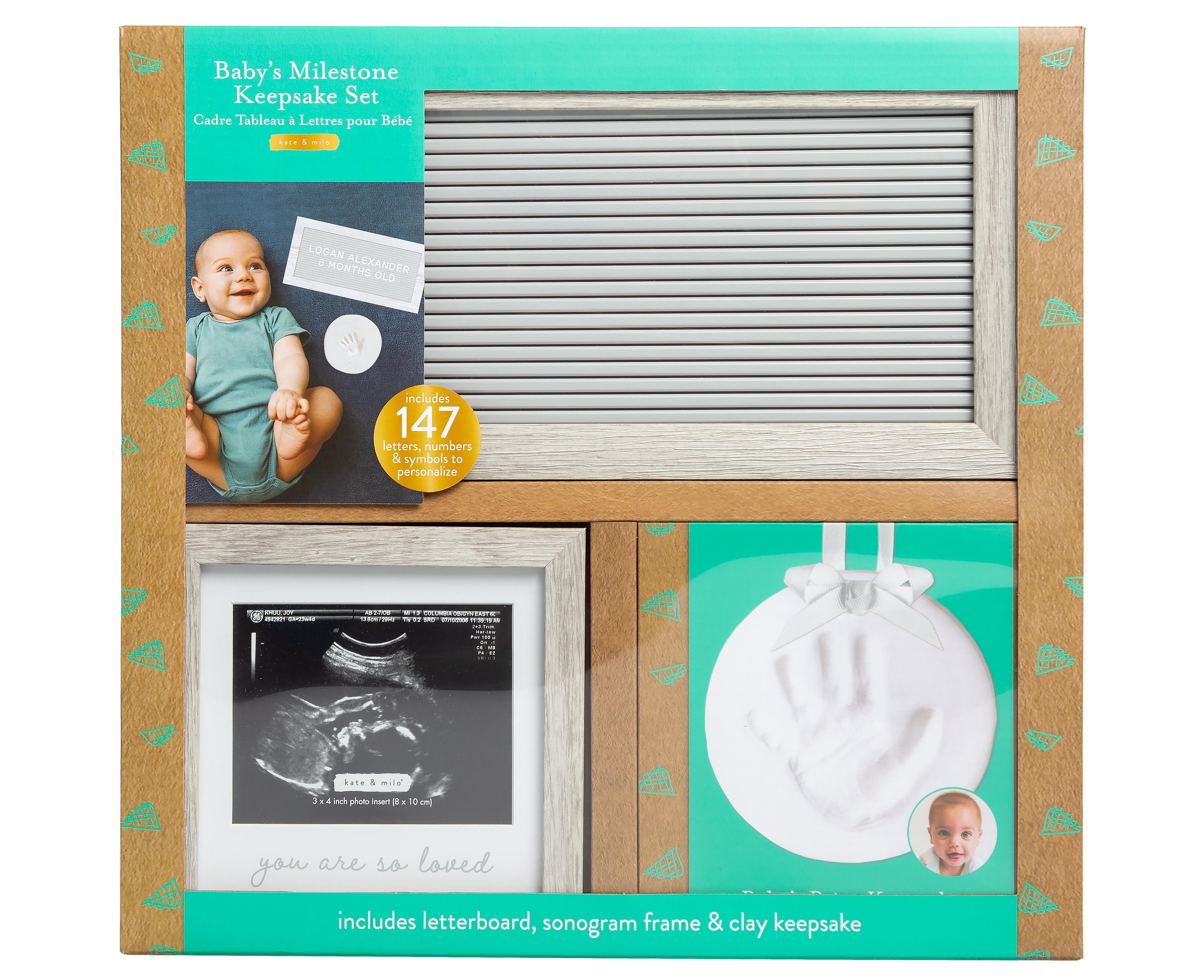 Kate & Milo Baby Gift Set, Includes Letterboard, Baby Print Ornament and Picture Frame, Gray