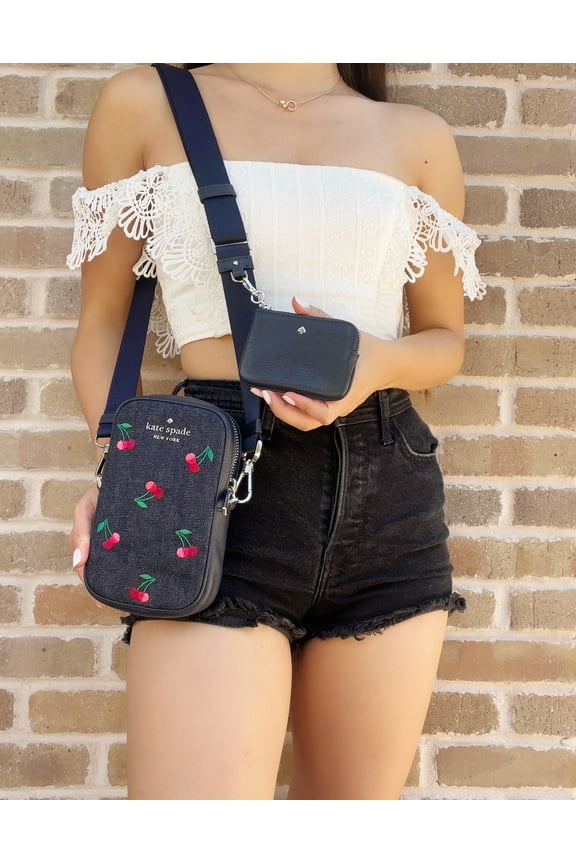 Women's Cherry Embroidered Denim Rosie Phone Zip Crossbody Bag (Blue Multi)