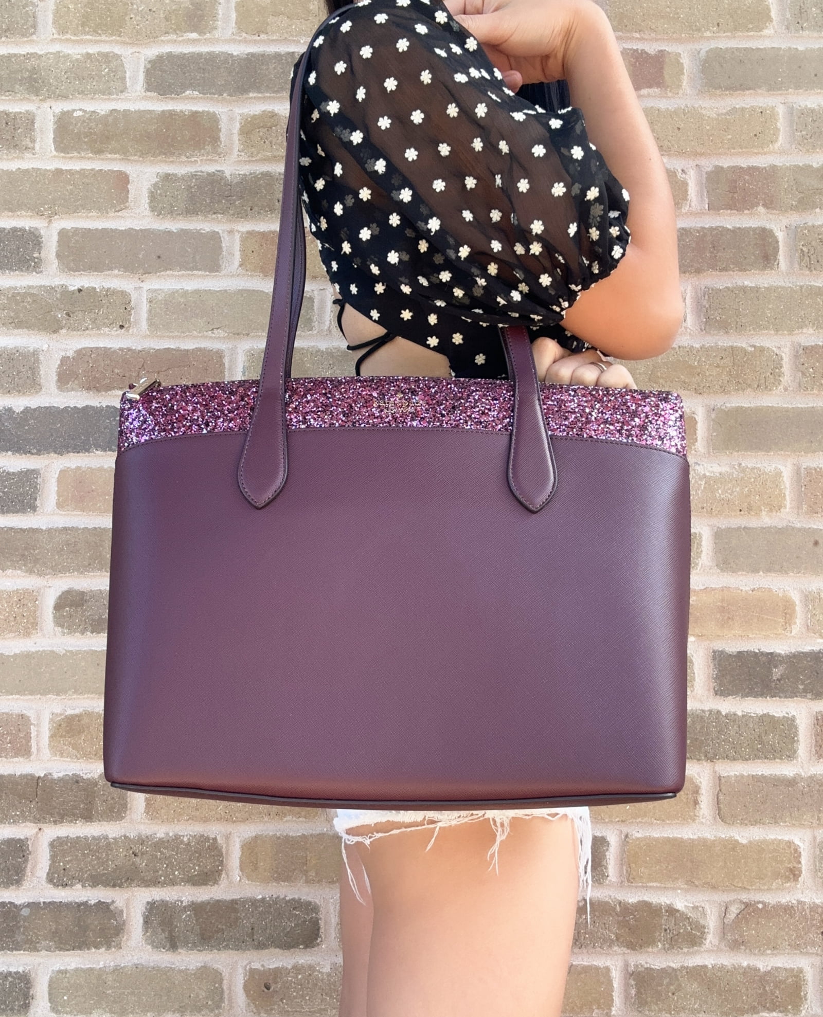 Kate Spade Greta Flash Glitter Large Top Zip Tote Cherrywood