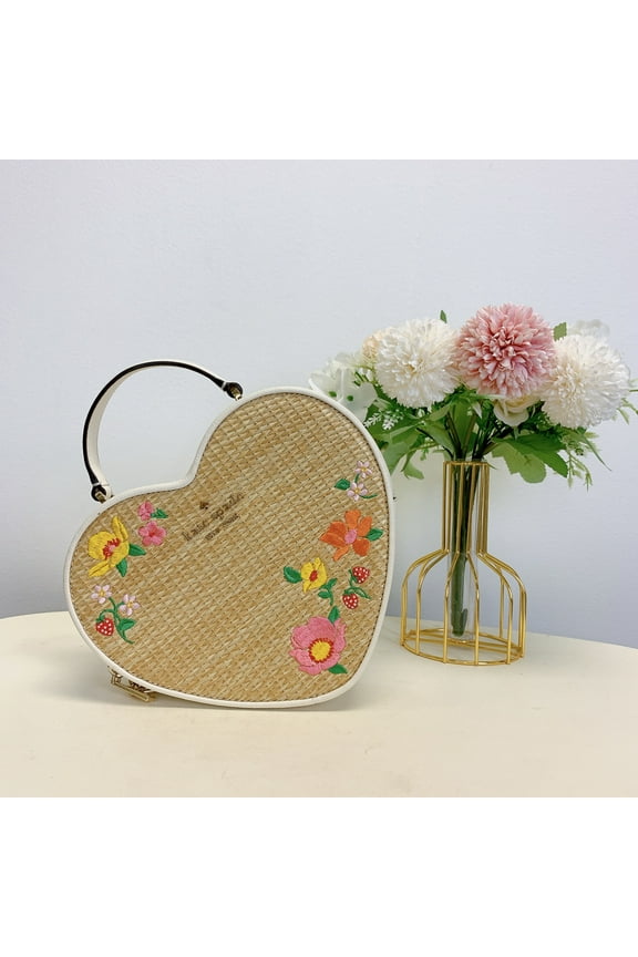 Kate Spade Love Shack Rattan Heart Purse Flowers Embroidered Meringue Multi