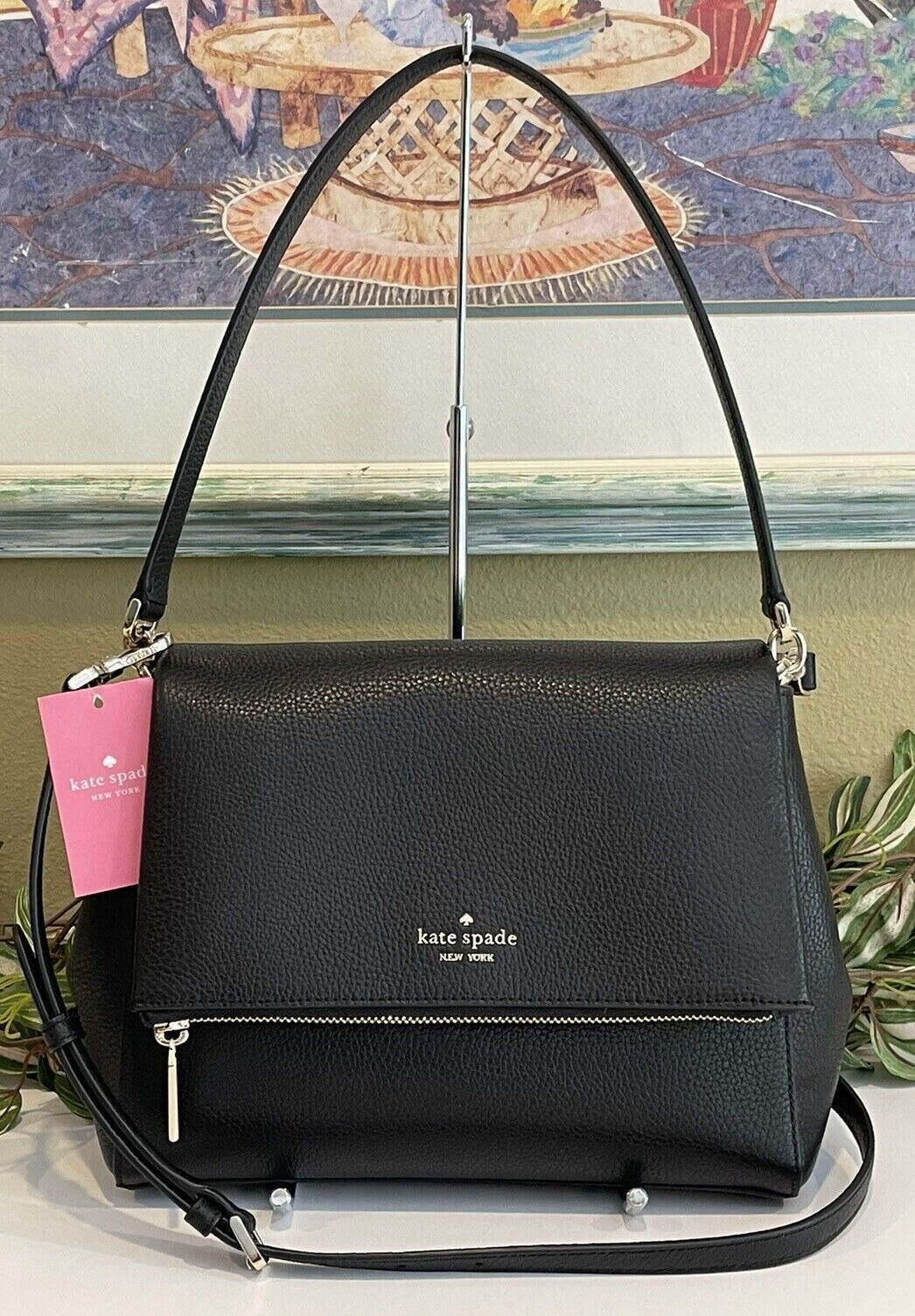 Kate Spade Leila Medium Flap Shoulder Bag Tote Black Leather Crossbody