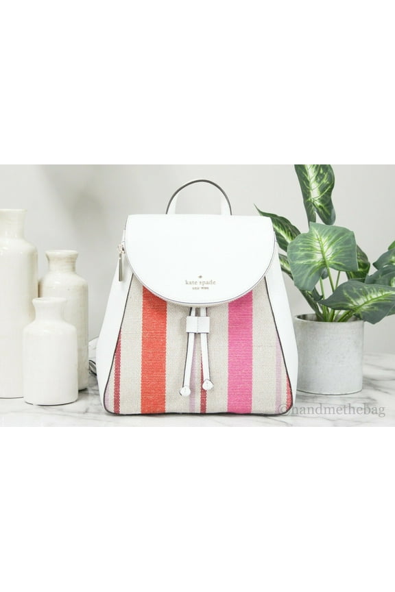 Kate Spade Leila Striped Canvas Pebble Leather Medium Flap Shoulder Backpack Bookbag (Multi)