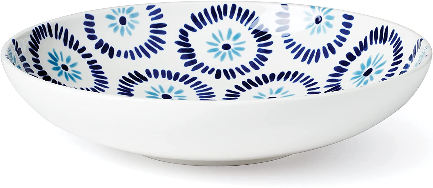 Blue and White Floral Porcelain Round Serving Bowl