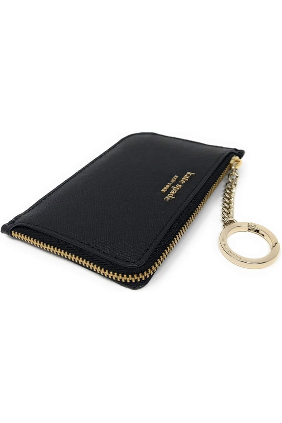Medium L-Zip Leather Card Holder Keychain Black