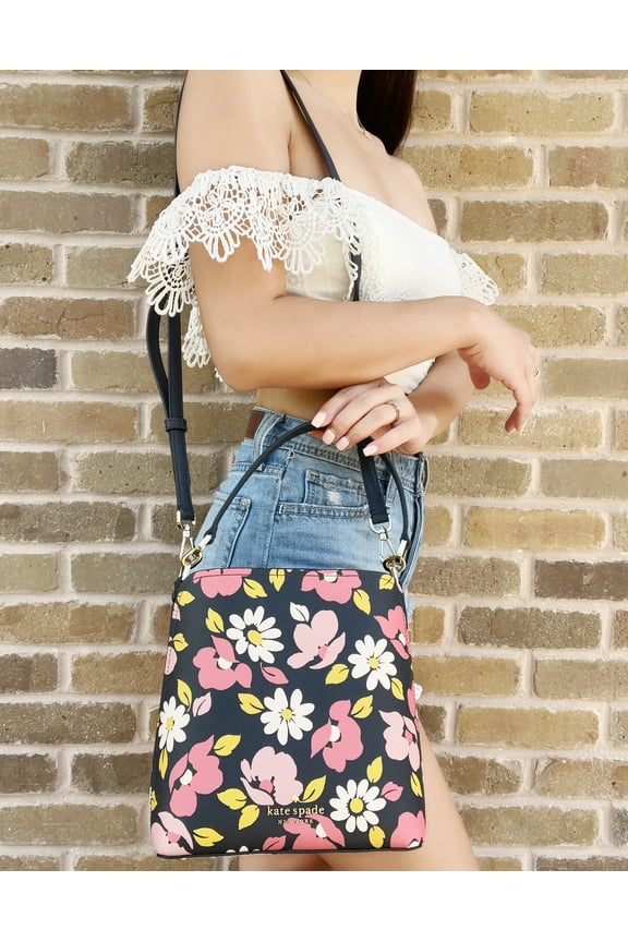 Women's  Darcy Daisy Leather Bucket Bag Crossbody Blue Floral