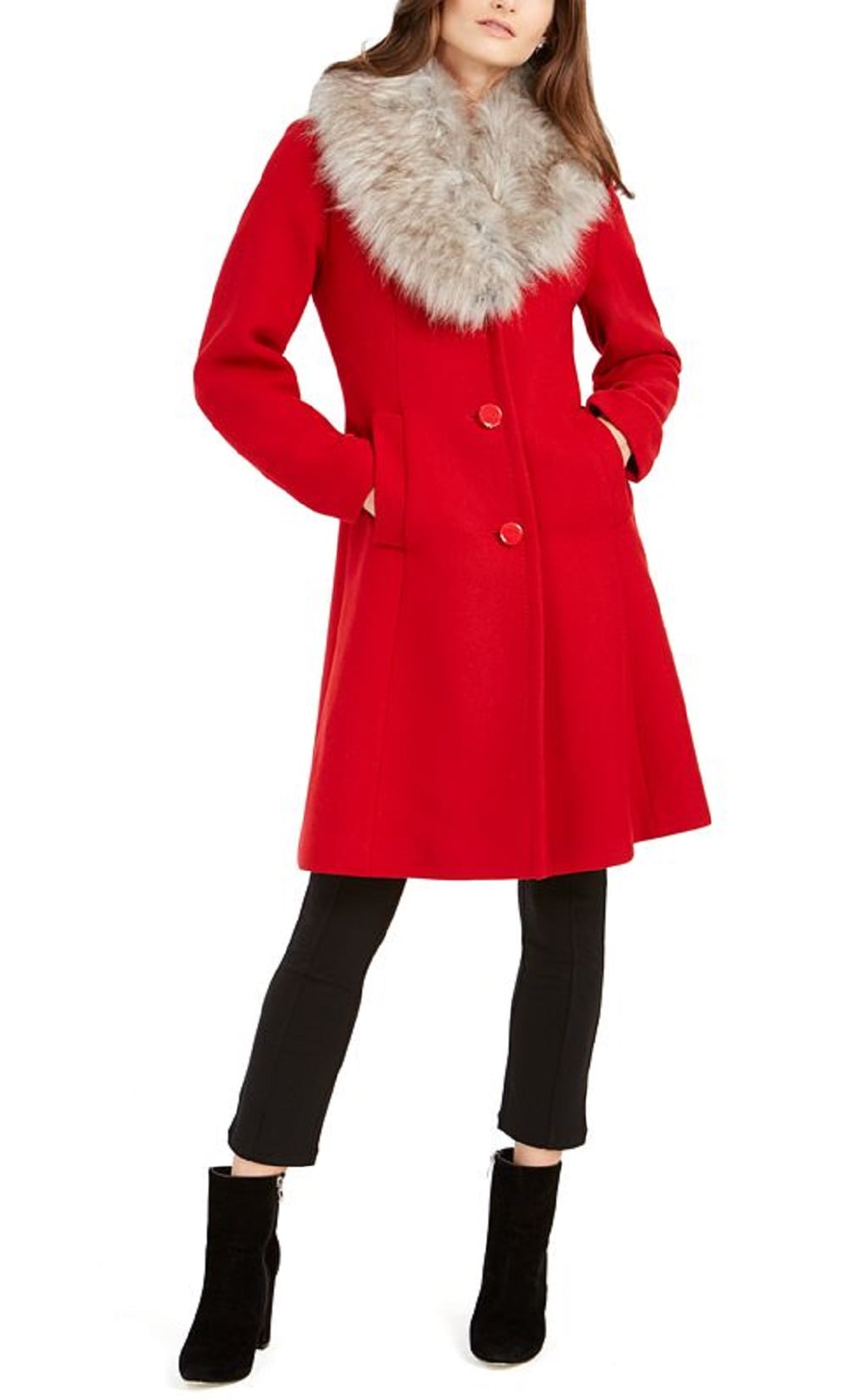 Kate Spade New York Women's Faux Fur Trim Coat Red Size Large