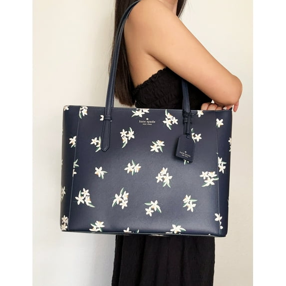 Kate Spade New York Women's Leather Floral Tote Bag, Parisian Blue