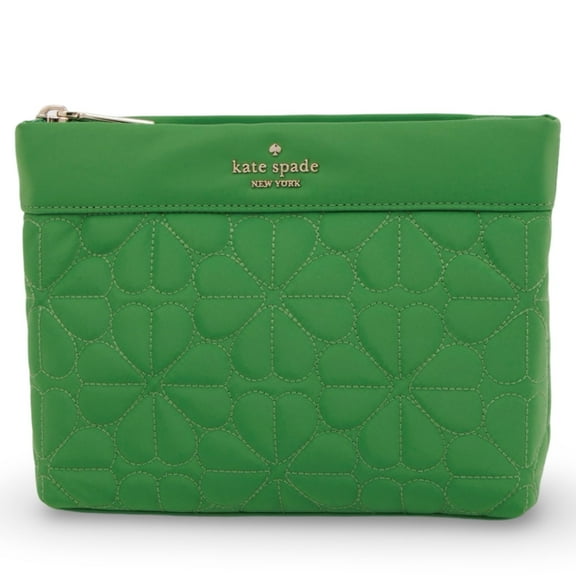 Kate Spade New York Women's Quilted Fabric Spade Flower Top Zip Cosmetic Case Pouch (Green)