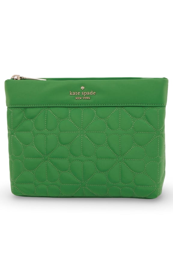 Women's Quilted Fabric Spade Flower Top Zip Cosmetic Case Pouch (Green)