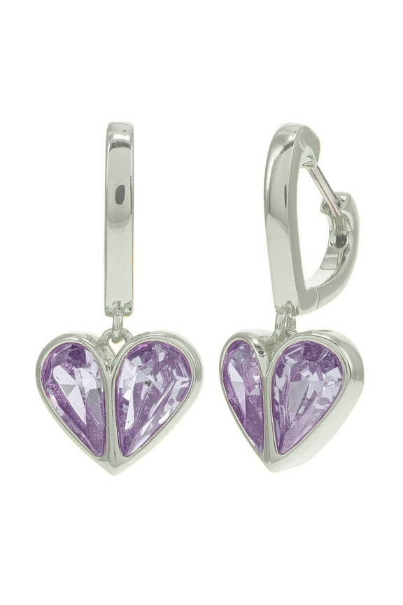 Women's Silver Plated Metal Heart Charm Huggie Hoop Earrings (Light Amethyst / Silver)