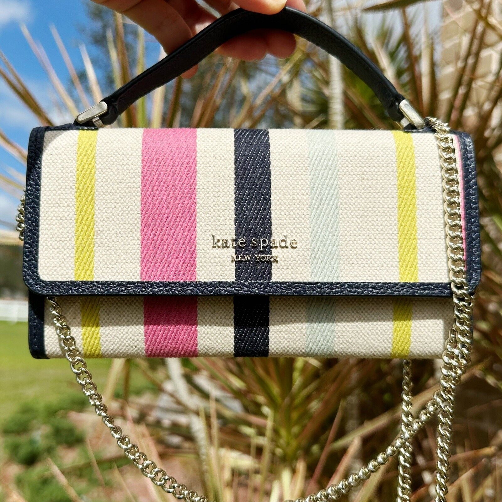 Kate Spade Roulette Canvas Stripe Top Handle Crossbody Multi Color