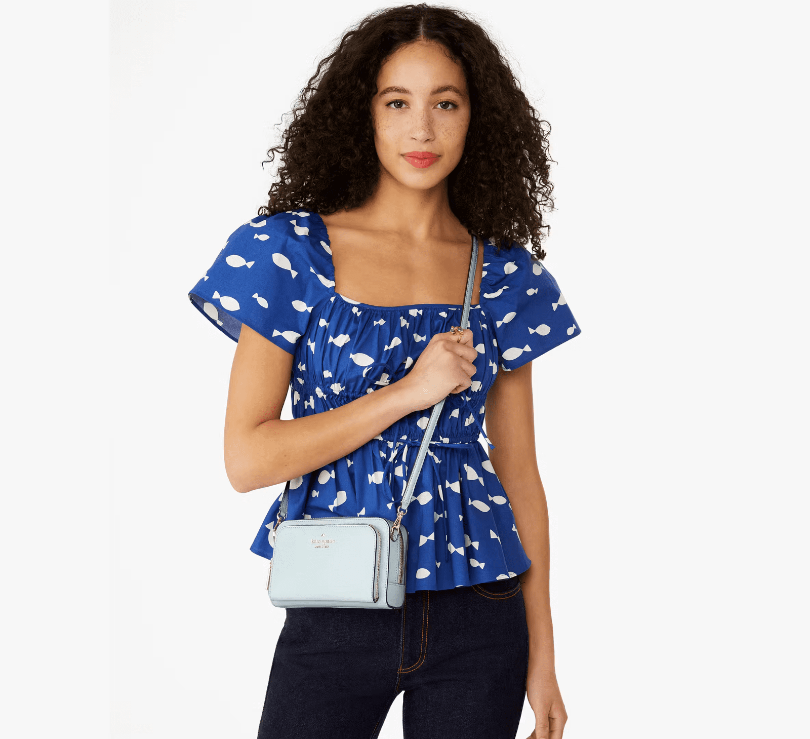 Kate Spade Staci Dual Zip Around Crossbody Leather Clutch Pouch Crisp Sky KG036
