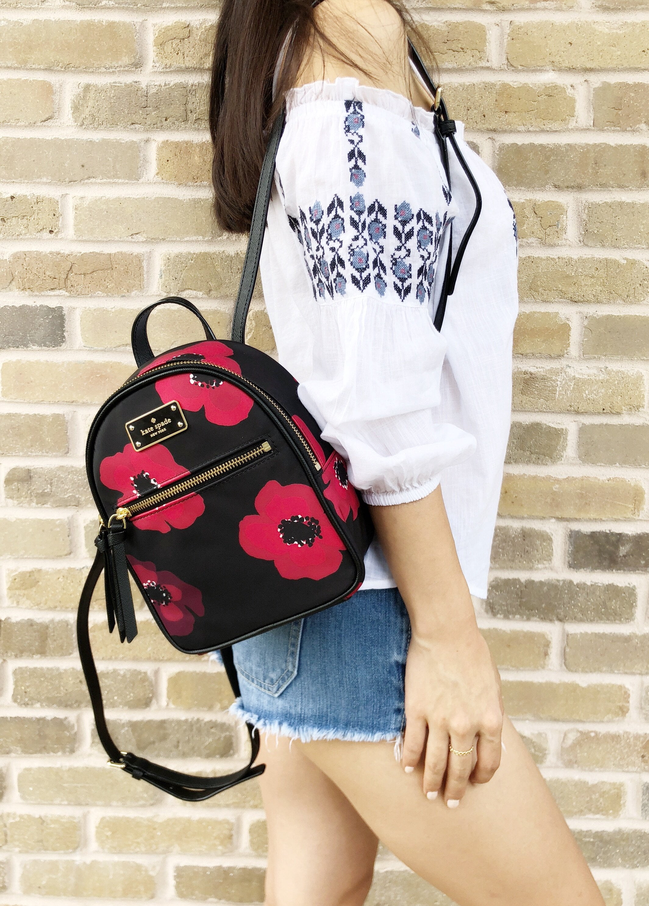 Kate Spade Wilson Road Poppy Mini Bradley Nylon Backpack Black Red Floral