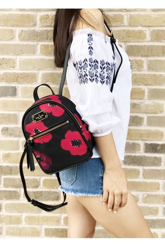 Kate Spade Wilson Road Poppy Mini Bradley Nylon Backpack Black Red Floral