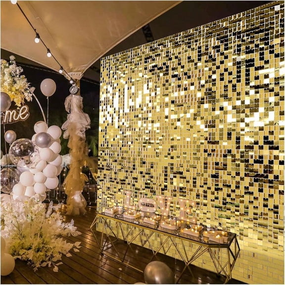 Kate Square Light Gold Sequin Wall Panels Shimmer Wall Birthday Party Backdrop Decorations Pack of 12