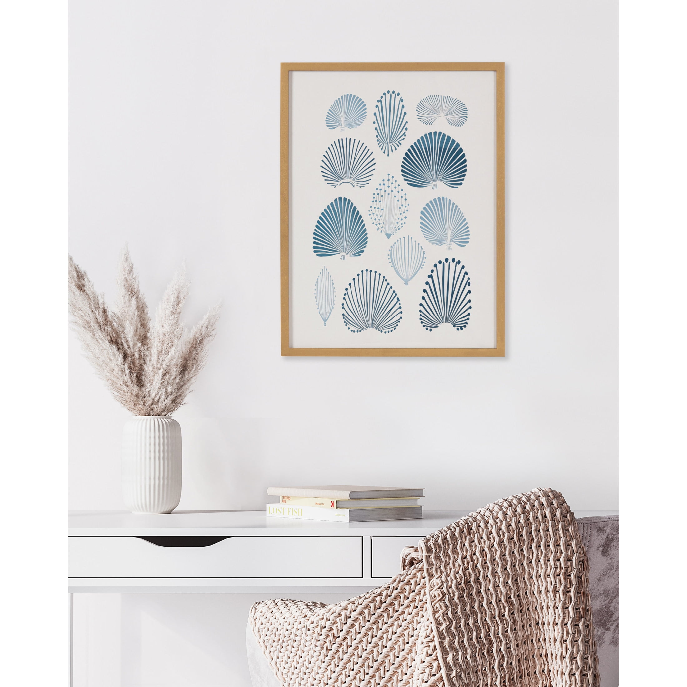 Abstract Coastal Blue Coral Print with Gold Frame, 12x16