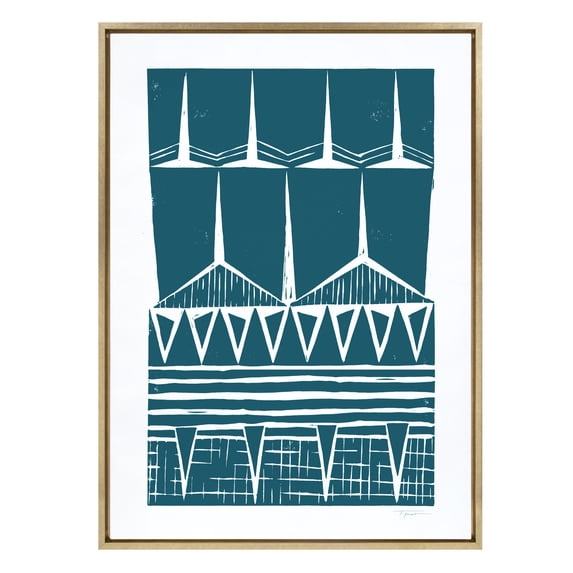 Kate and Laurel Sylvie Modern Tribal Block Print Teal Framed Canvas Wall Art by Statement Goods, 28x38 Gold, Modern Abstract Art for Wall