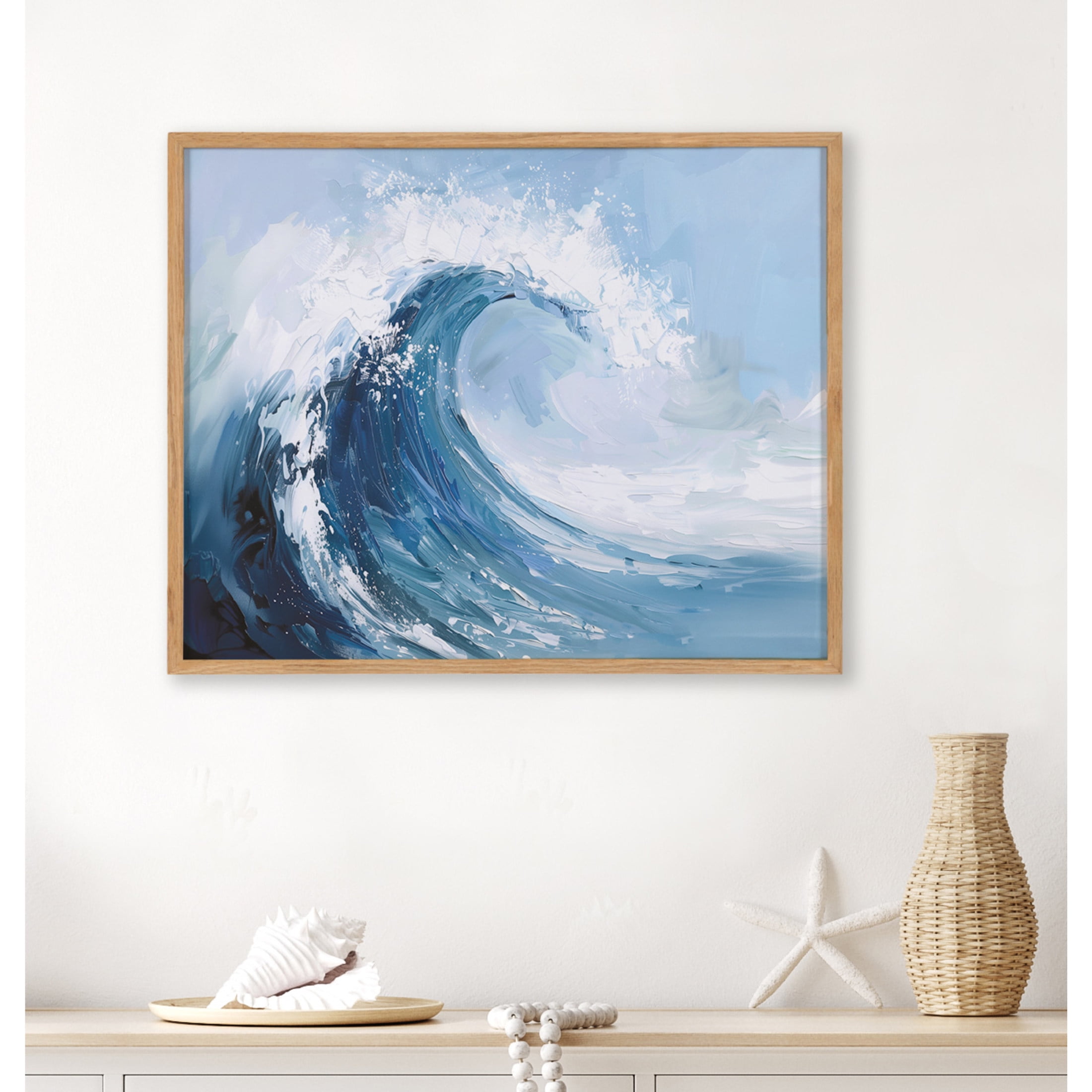 Natural Wood Framed Coastal Ocean Wave Abstract Print, 20x16