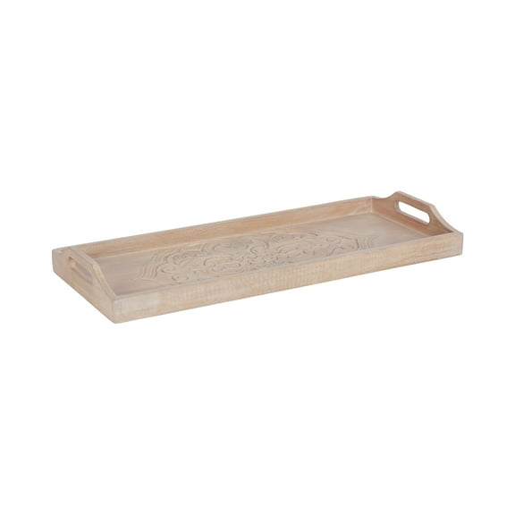 Kate and Laurel Adhira Carved Decorative Rectangle Tray, 24 x 10, Natural Wood, Traditional Display Tray with Handles and Hand Carved Wooden Pattern