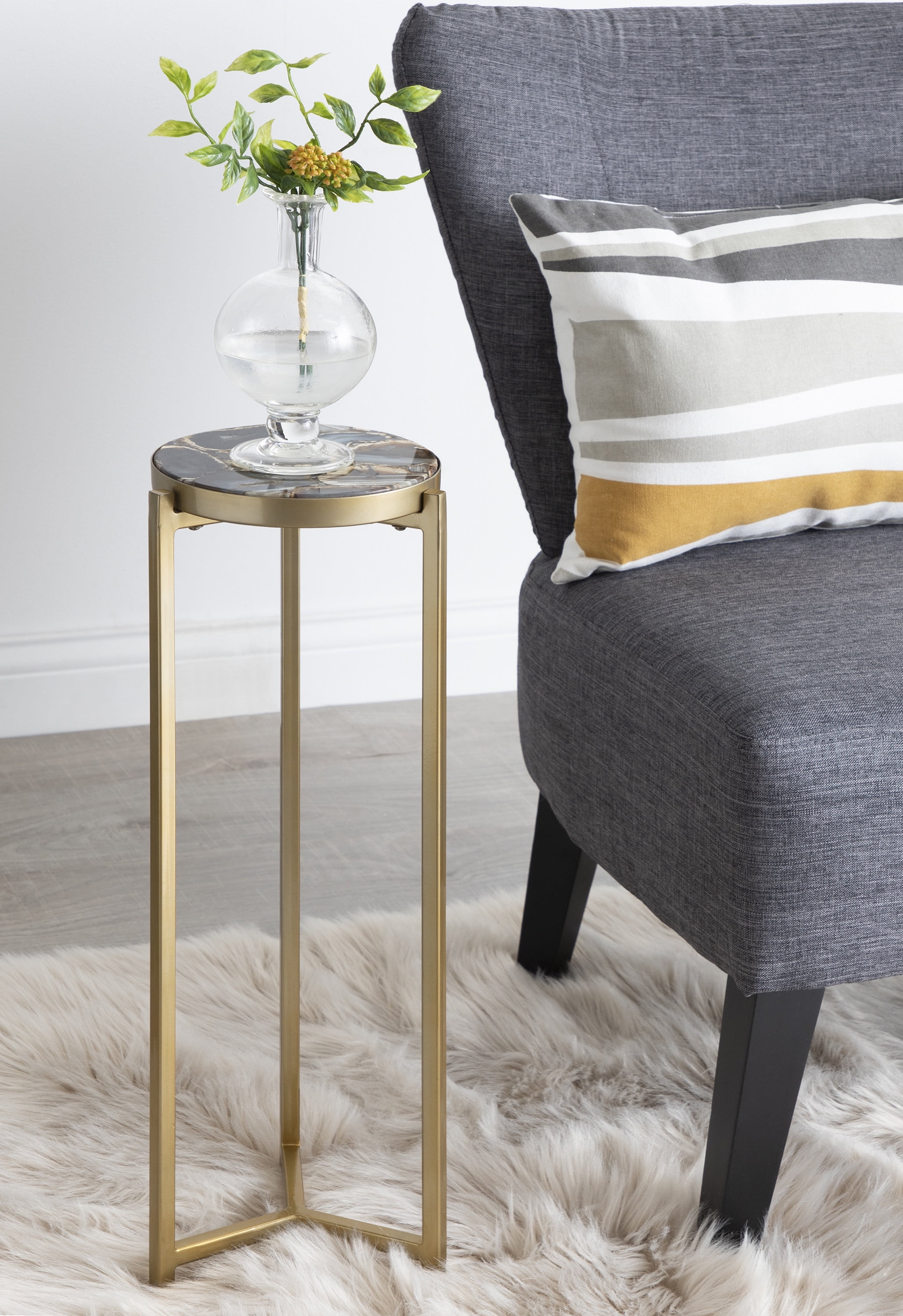 Elegant Gold Metal and Black Agate Drink Table, 11.5" x 25.5"