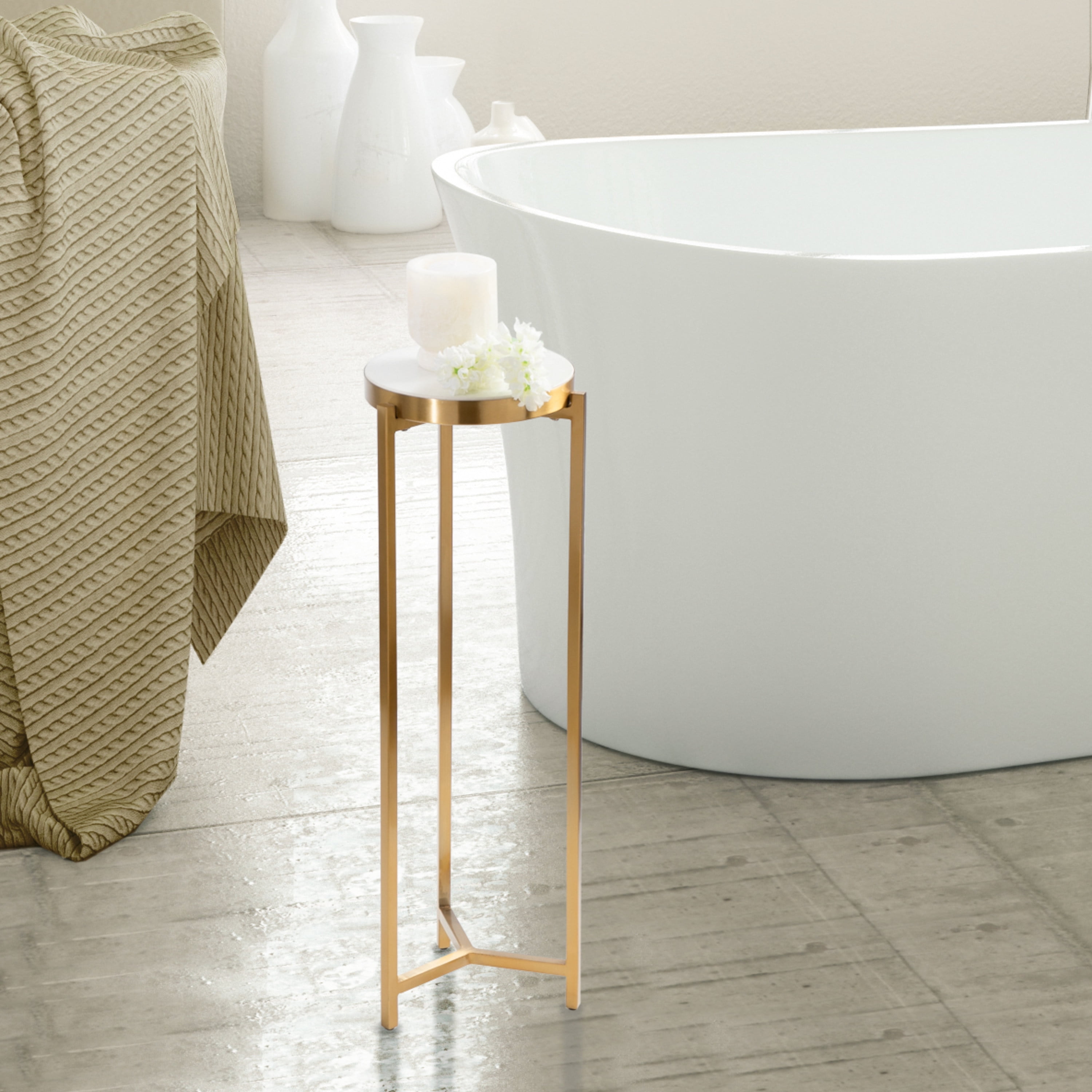 Gold and White Marble Round Drink Table with Metal Frame