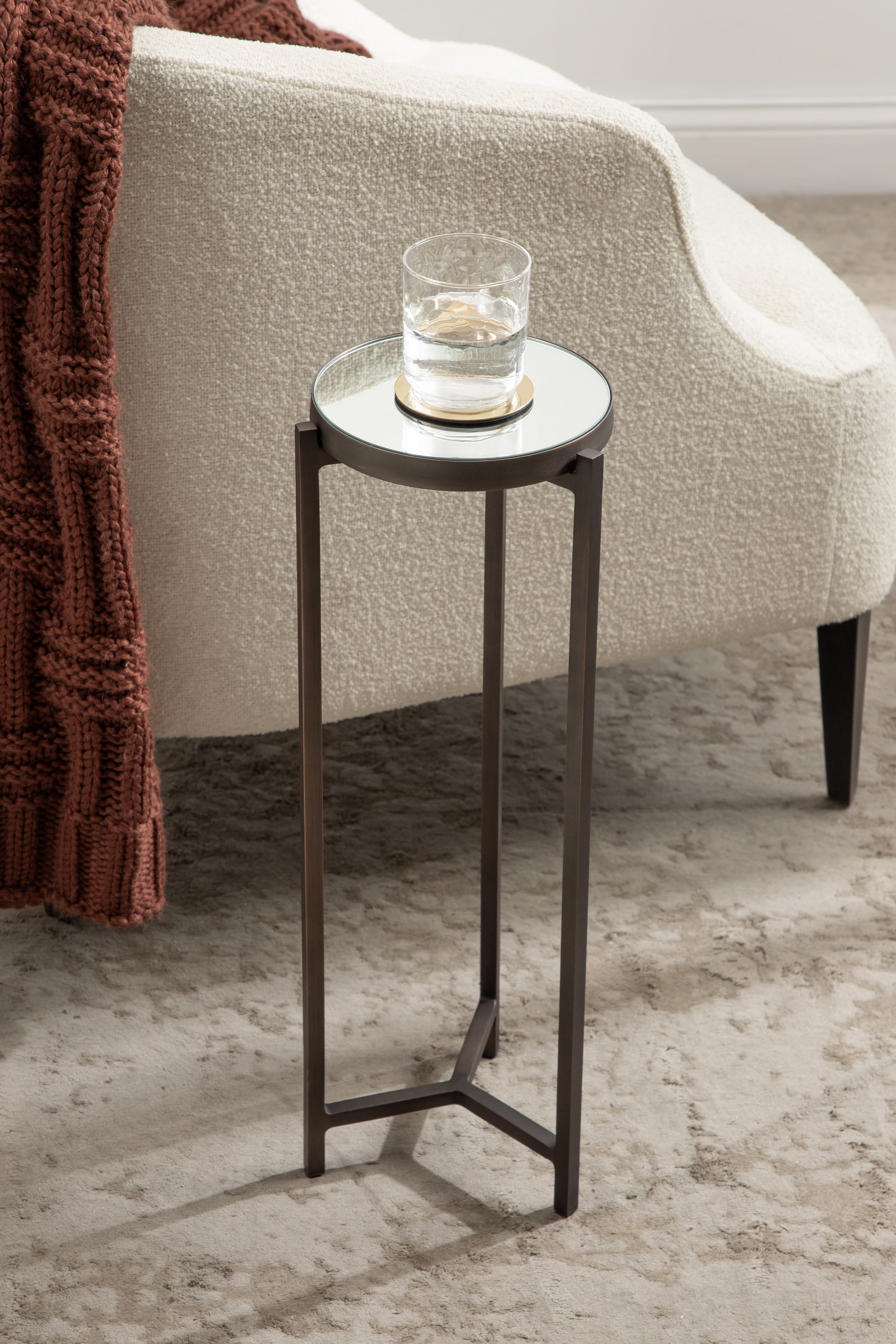 Bronze Metal Mirrored Round Drink Table, 9 x 9 x 23