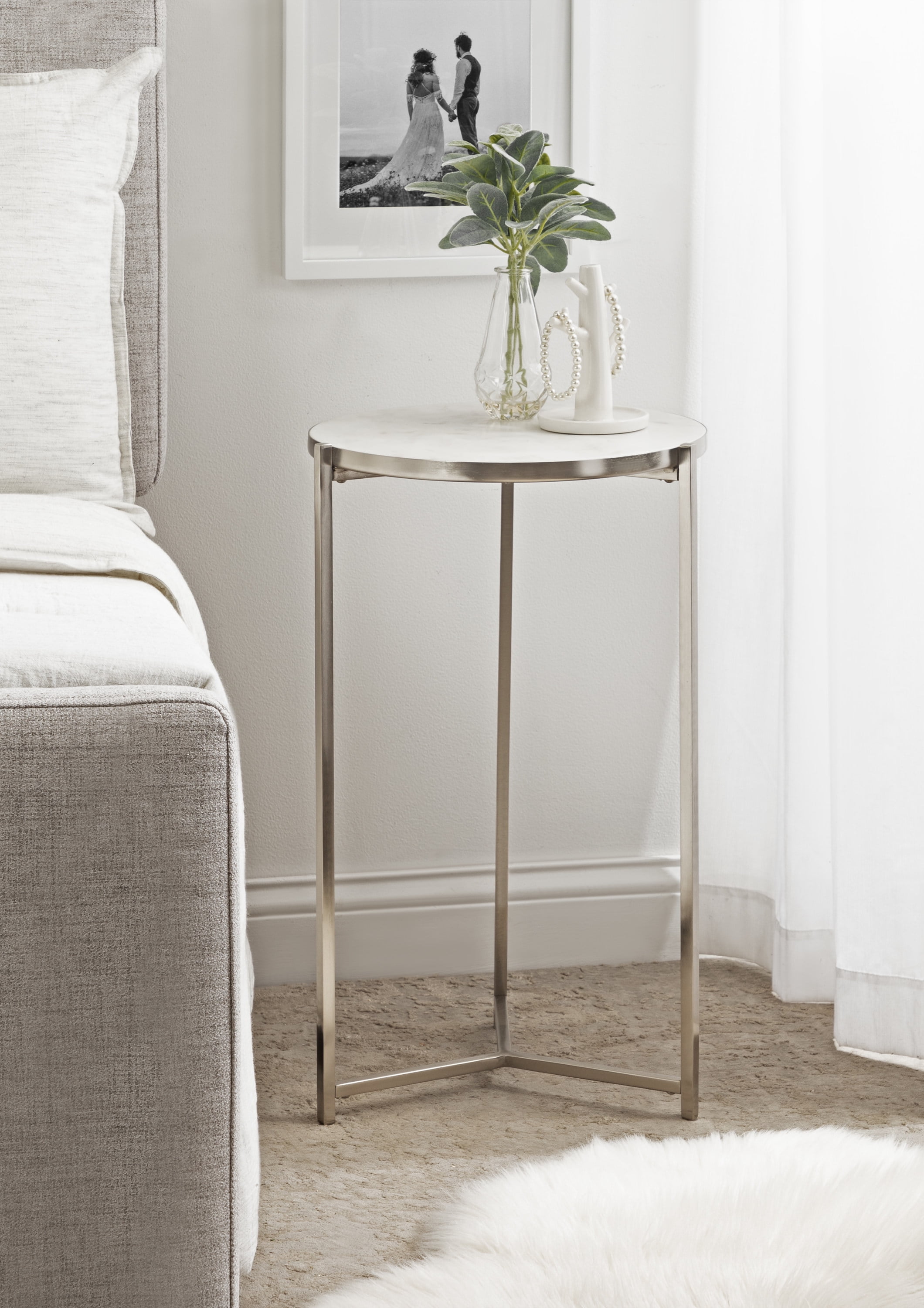 Silver Round Marble and Metal Side Table