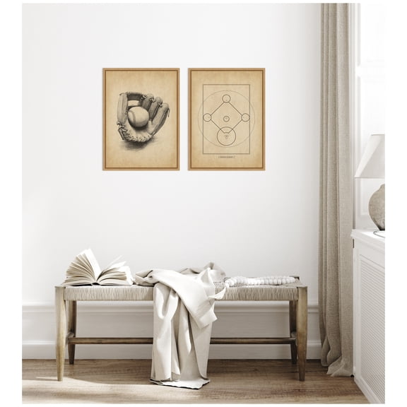 Kate and Laurel Antique Baseball 2 Piece Framed Canvas Wall Art Set by The Creative Bunch Studio, Sylvie Natural Vintage, Sport Art for Wall Decor