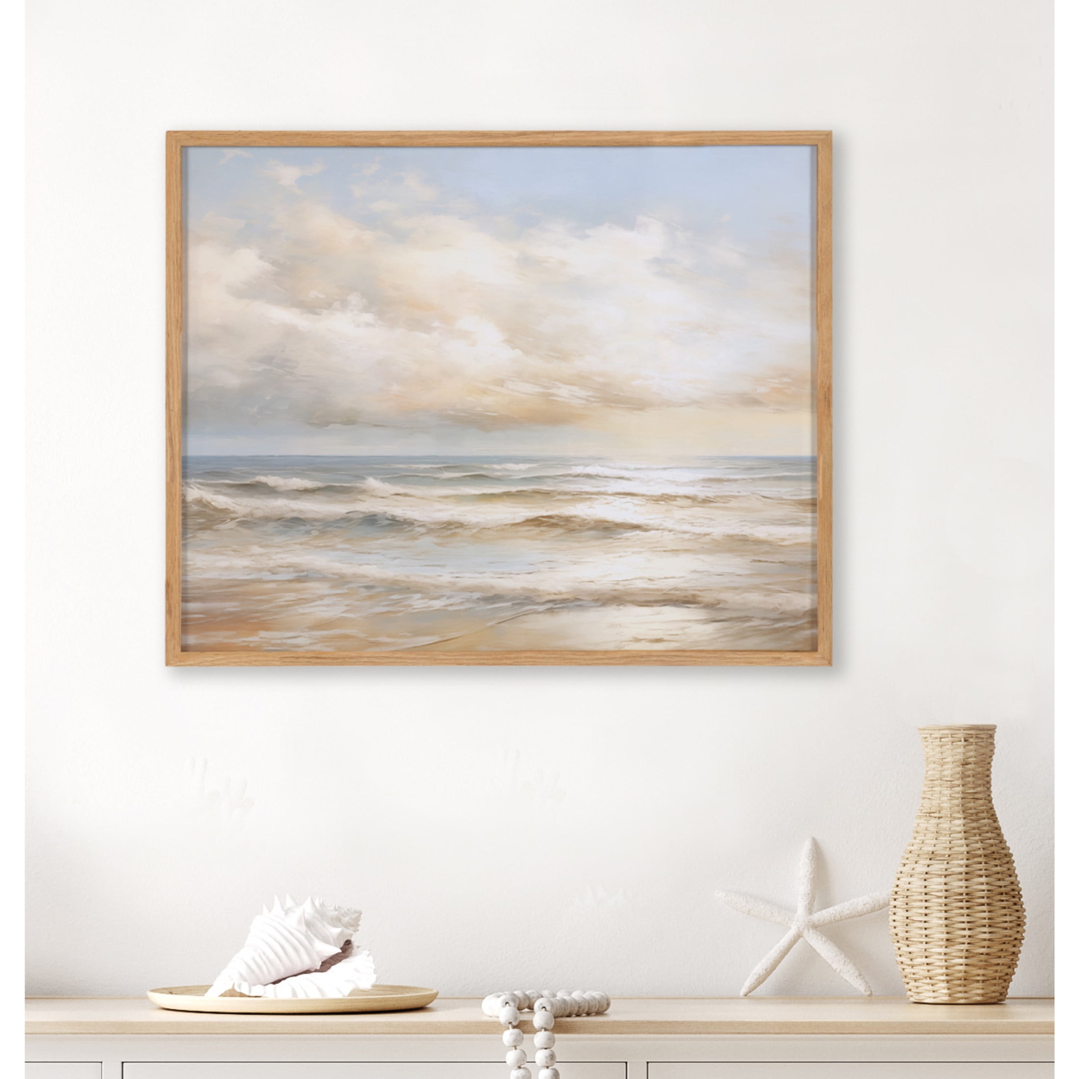 Natural Wood Framed Beach Waves Sunset Landscape Print