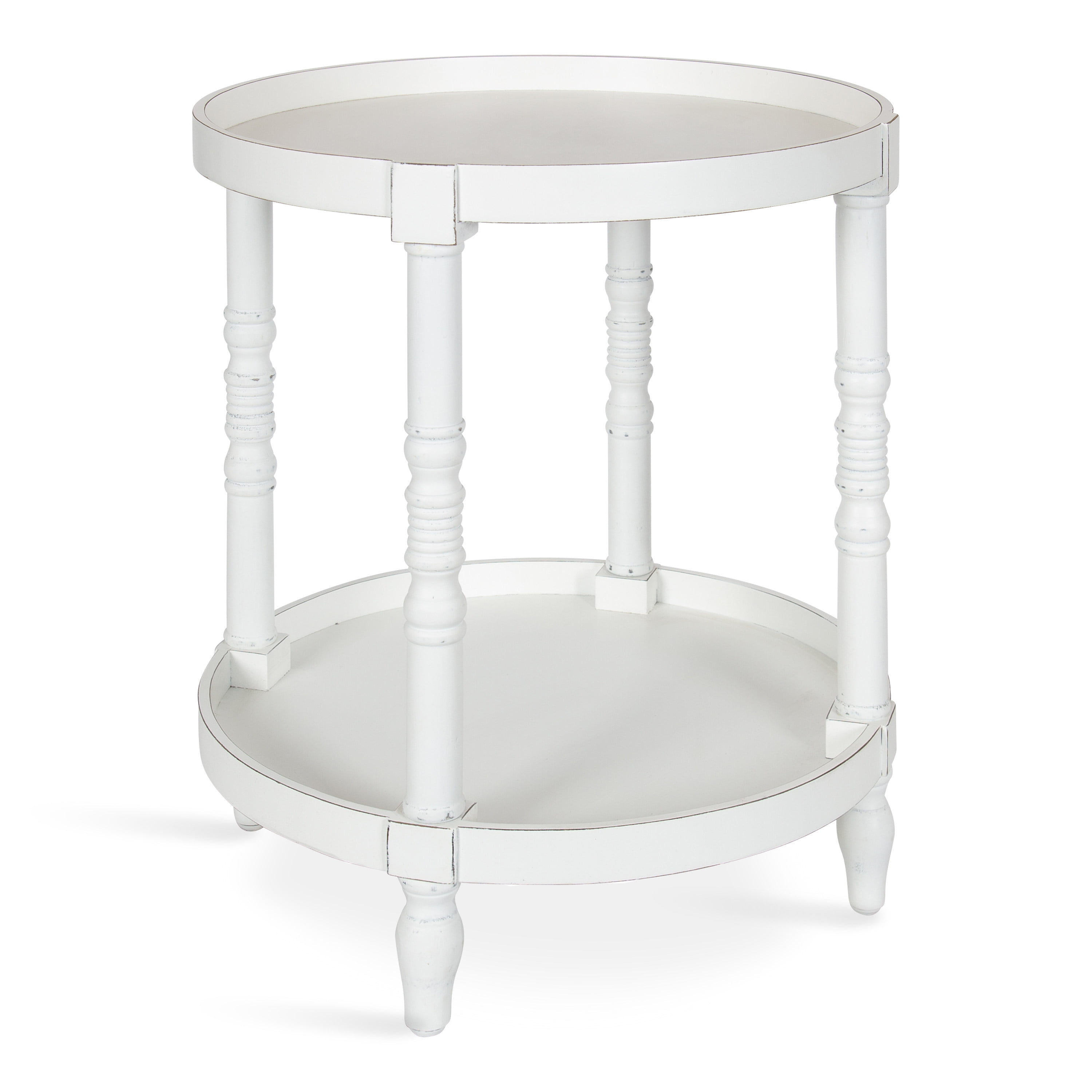 Bellport 22.5" Rustic White Round Wooden Side Table with Shelf