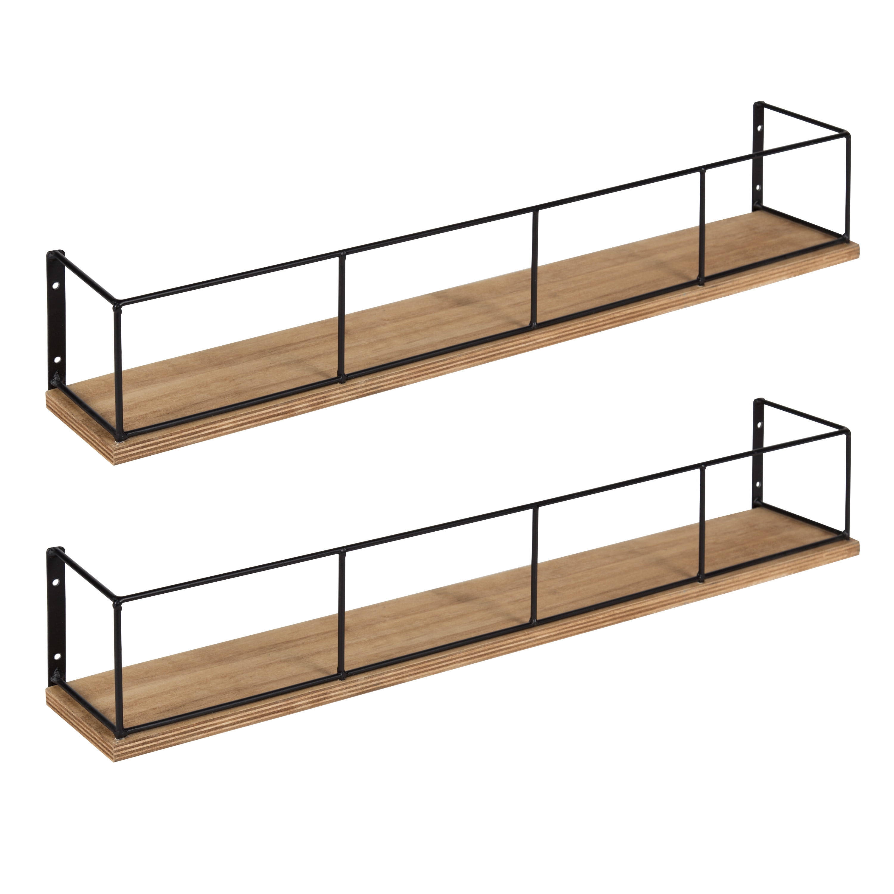 24" Rustic Brown and Black Wood & Metal Floating Wall Shelf Set