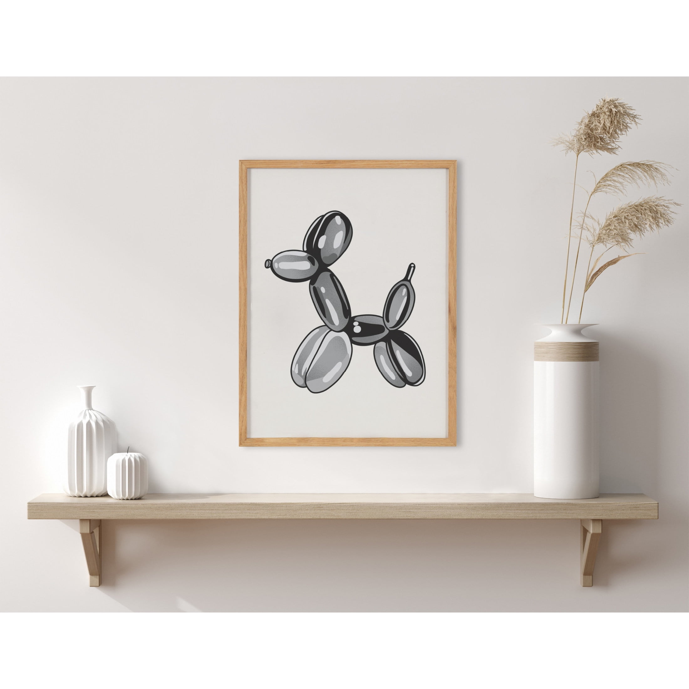 Modern Black Balloon Dog Print in Natural Oak Frame