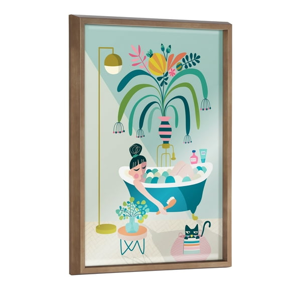 Kate and Laurel Blake Time to Relax Framed Printed Glass Wall Art by Rachel Lee, 18x24 Gold, Mid Century Modern Bathroom Art for Wall