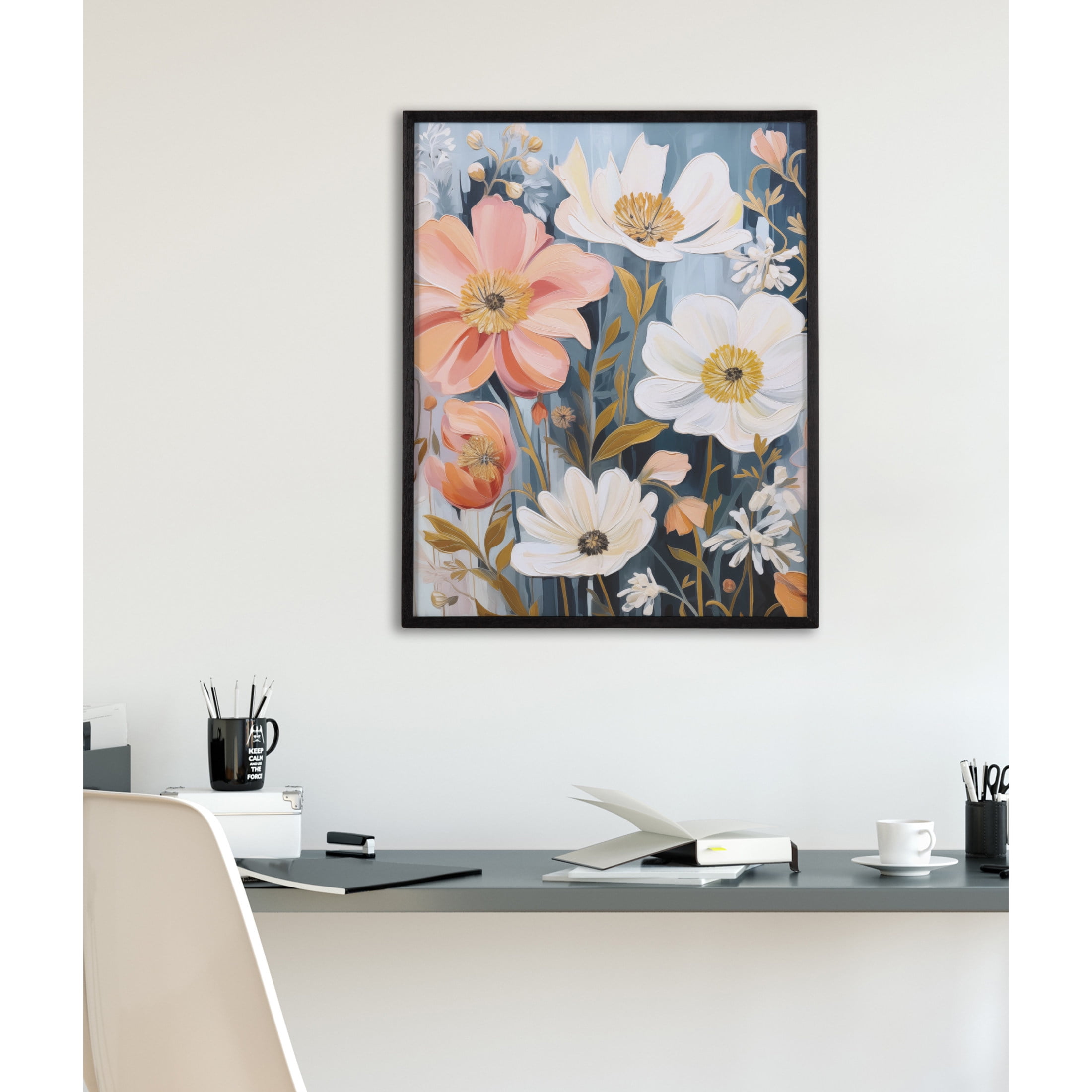 Boho Flowers in Muted Neutrals Black Framed Wall Art 16x20