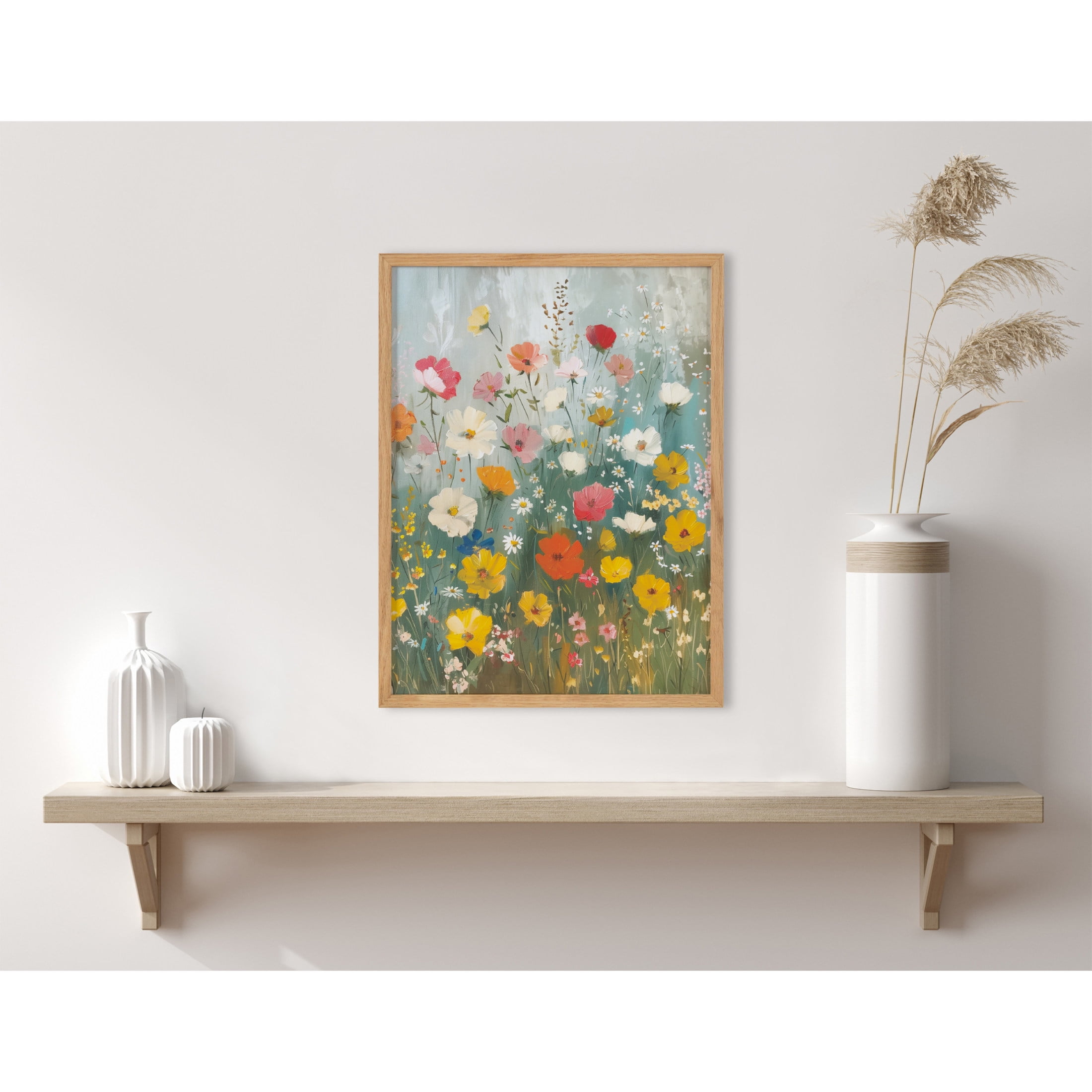 Natural Boho Wildflower Garden Print in Solid Wood Frame