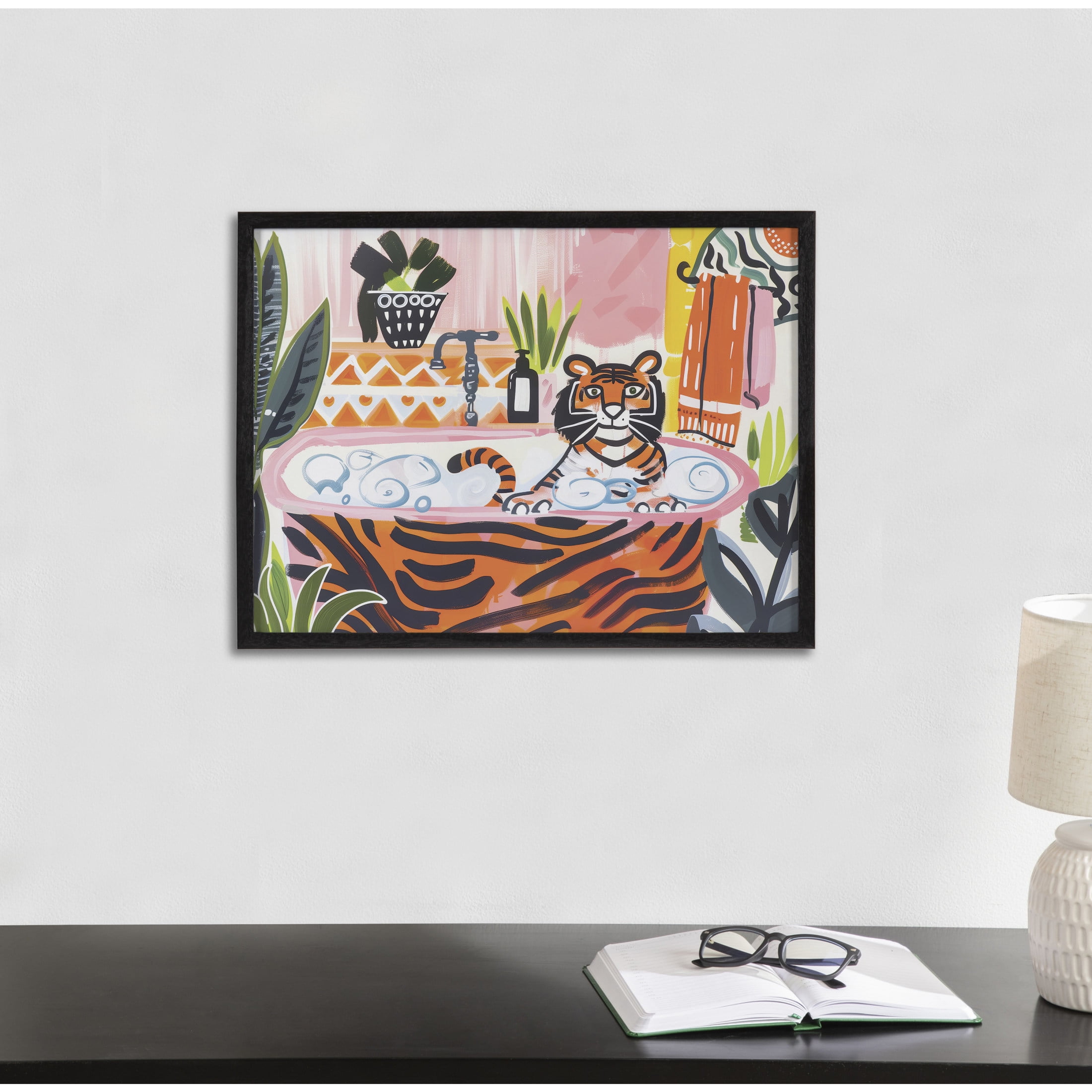 Bold Maximalist Tiger in Bubble Bath Framed Wall Art, 16x12 Black